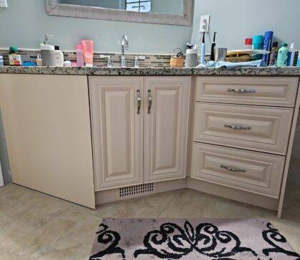 Close up of refinished washroom cabinets.