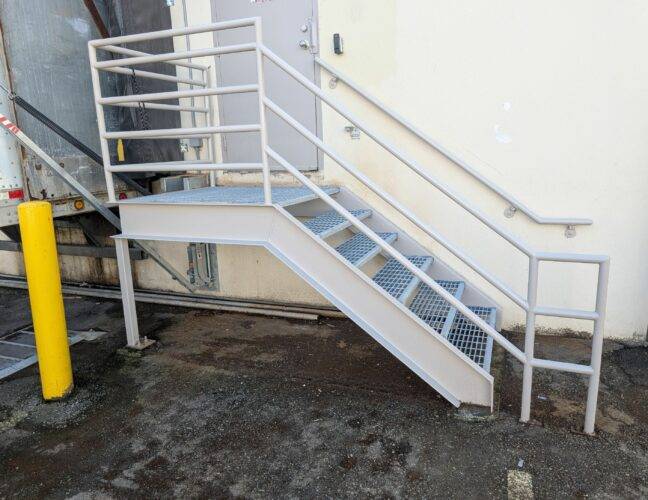 Close up of an exterior staircase with the welding and coatings complete.