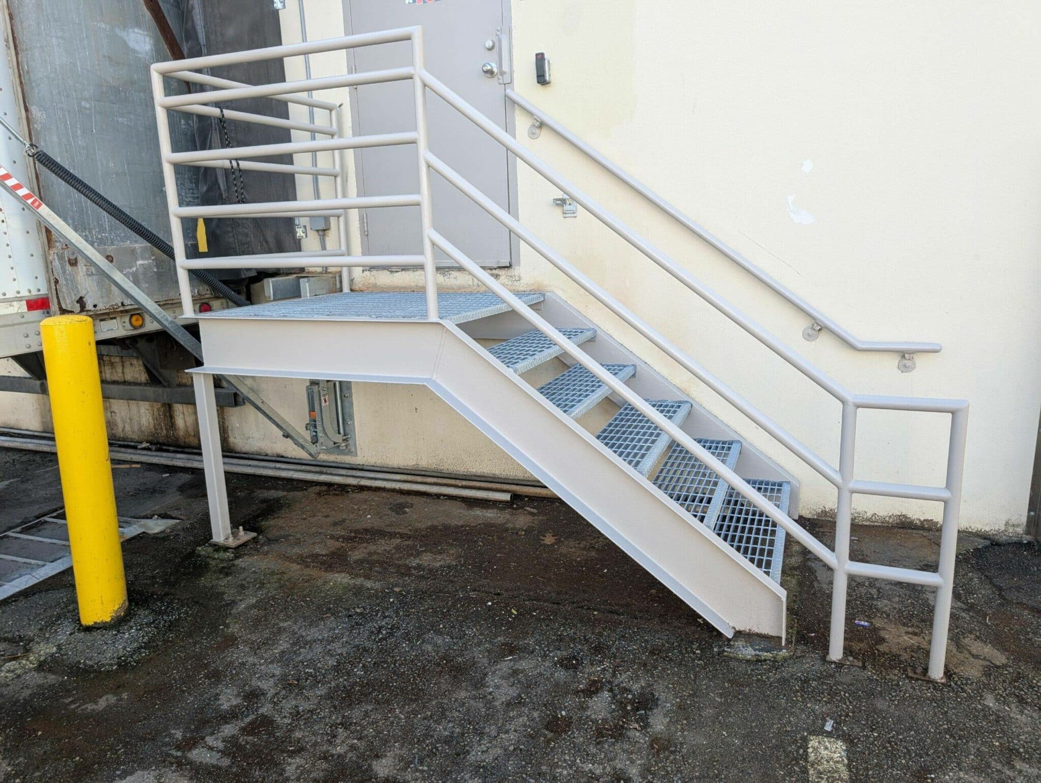 Close up of an exterior staircase with the welding and coatings complete.